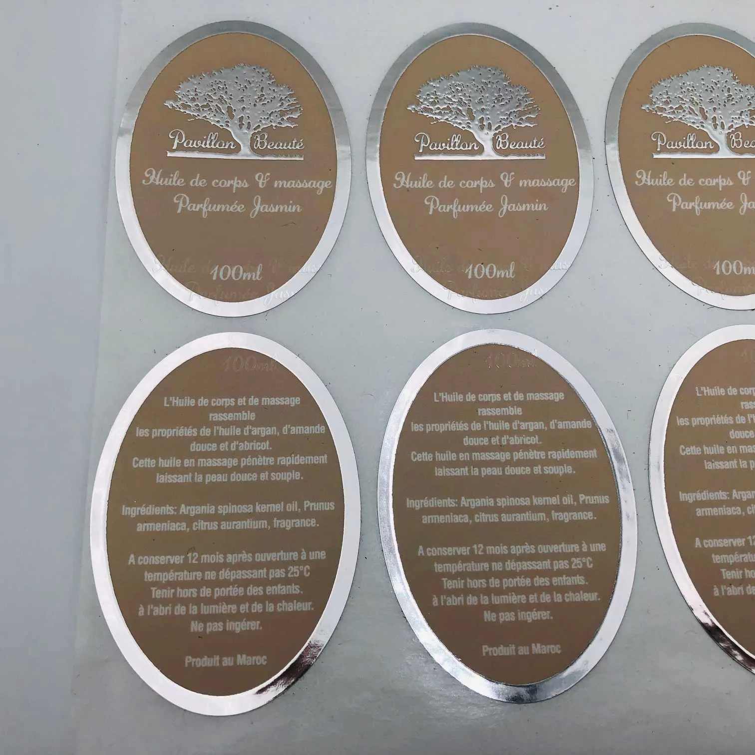 The silver-foil stamped labels